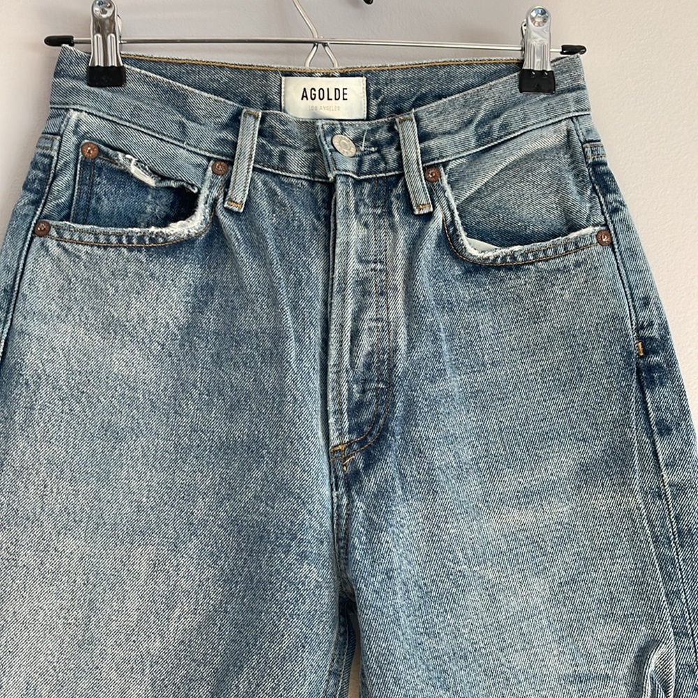 Agolde Riley Medium Wash Distressed High Rise Straight Jeans 24 - Picture 6 of 14
